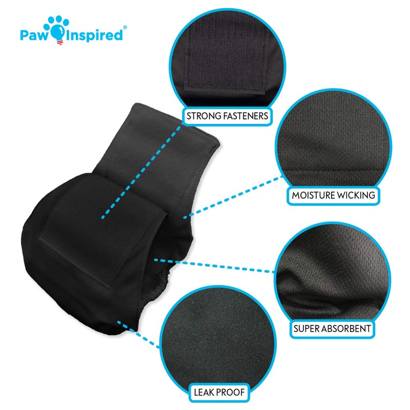 Paw Inspired 3-Count Reusable Male Dog Wraps, Washable Diapers for Male Dogs, Belly Bands for Incontinence, Surgery, Male Marking (Small Size, Black Color with Black Lining, Pack of 3) - Image 4